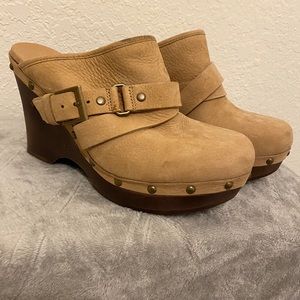 UGG Suede Buckle Wedge Clogs.